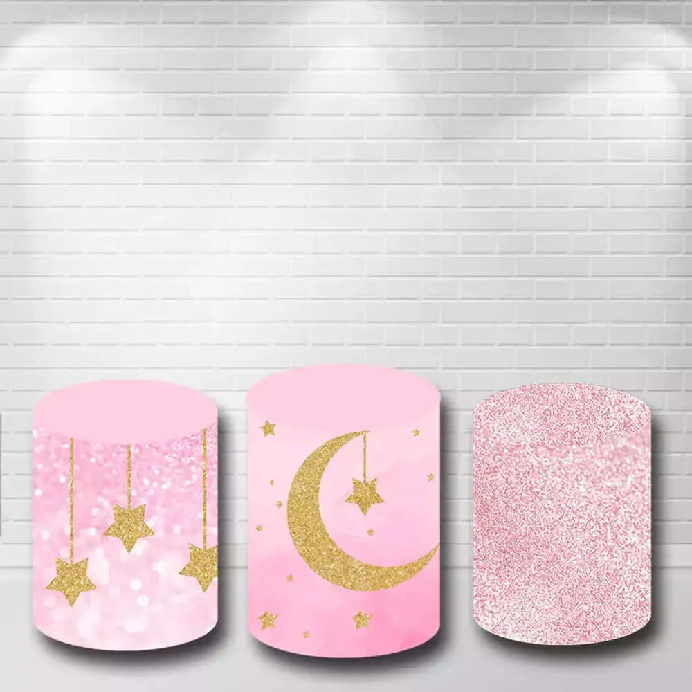 Pink Glitter Boken Moon Little Stars Cake Table Cover Kit Cylinder Covers