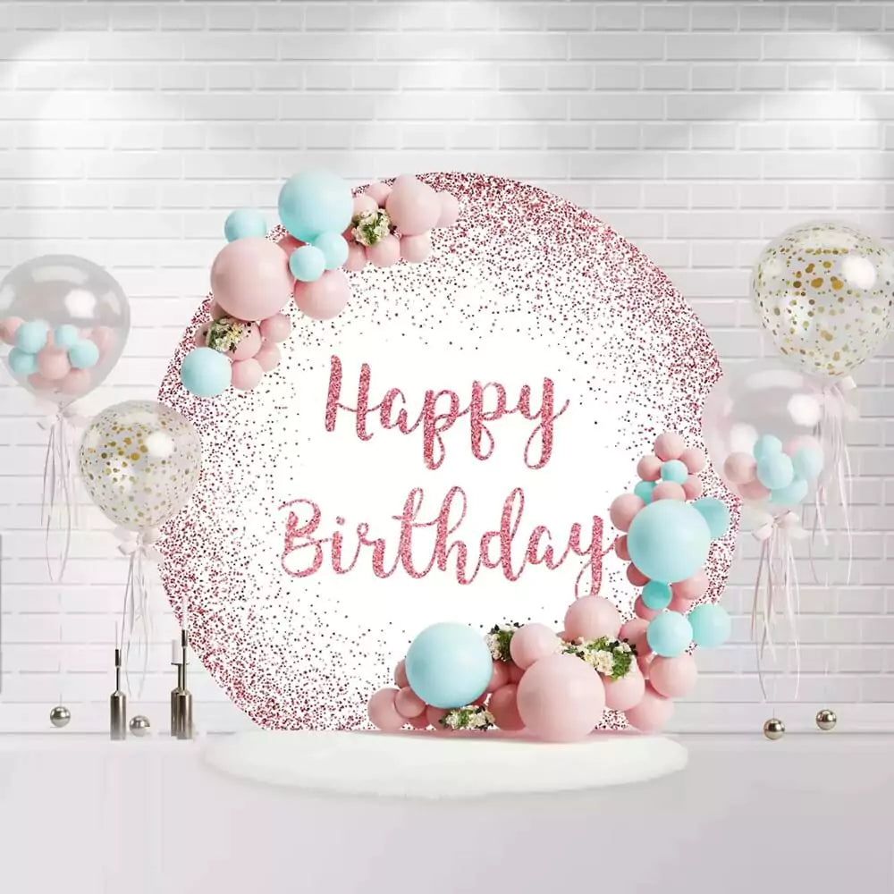 Round pink glitter Happy Birthday backdrop with sparkling design