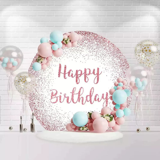 Round pink glitter Happy Birthday backdrop with sparkling design