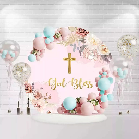Pink floral God Bless round backdrop with gold cross for baptism or communion