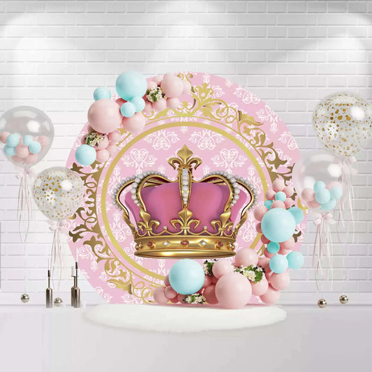 Pink Gold Crown Round Backdrop Cover