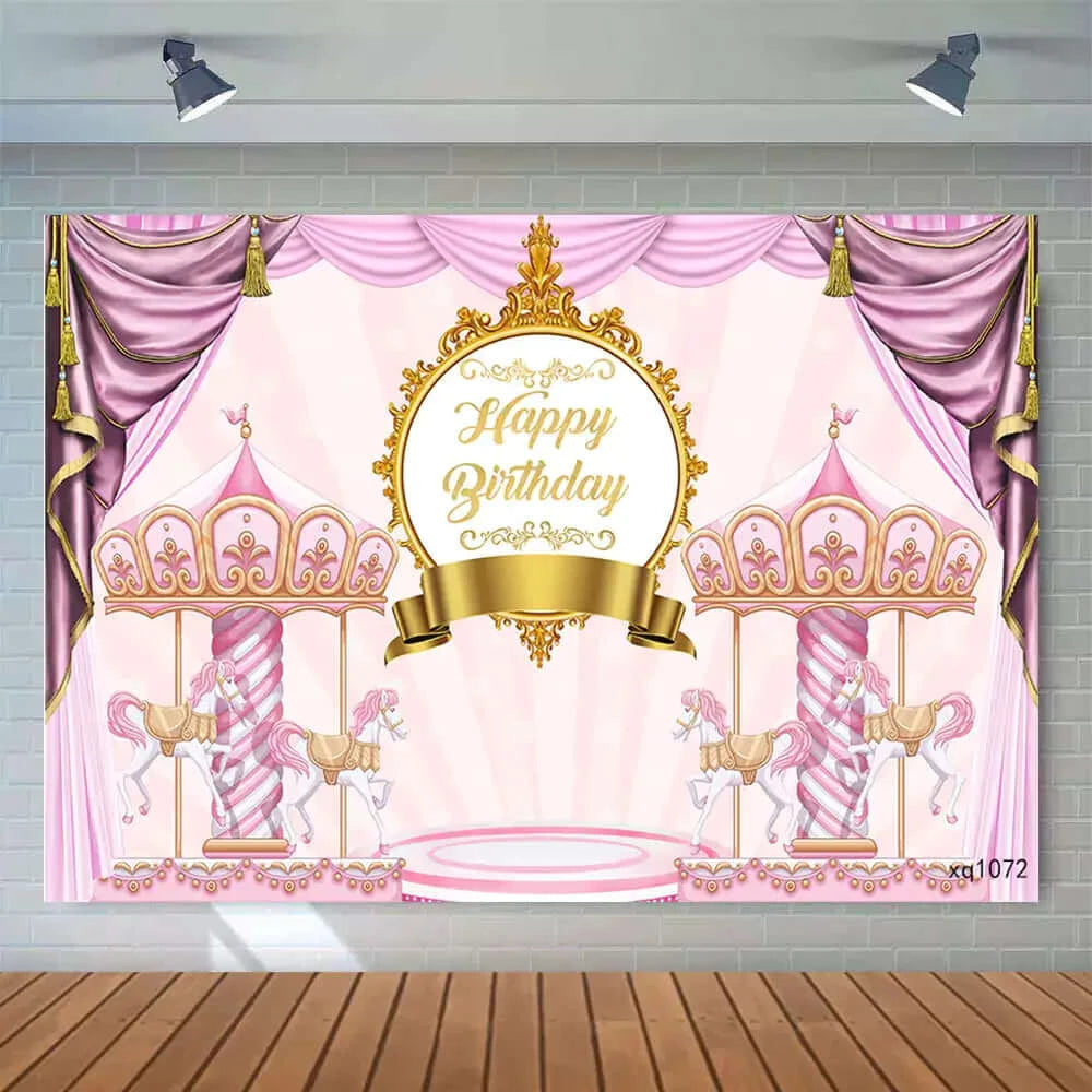 Pink Gold Curtain Carousel Girls Baby Shower Newborn Birthday Photography Backdrop