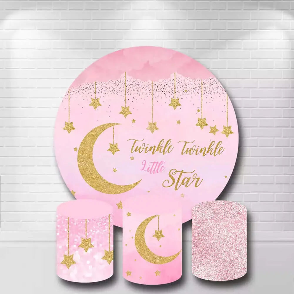 Pink Gold Glitter Twinkle Little Stars Moon Round Backdrop and Plinth Covers