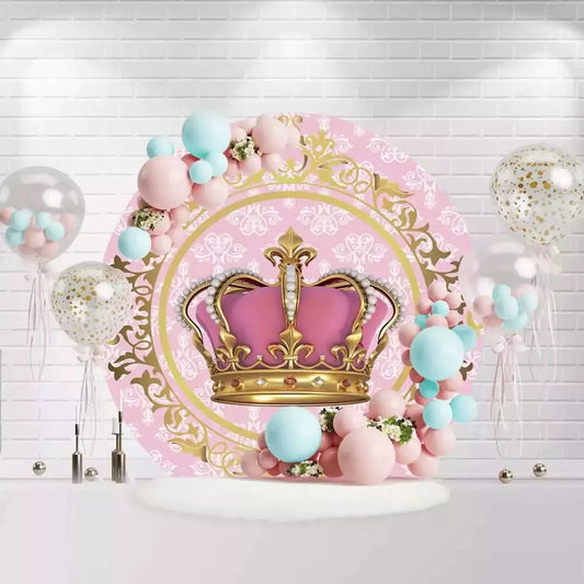Round princess backdrop with pink background and gold crown design for party decoration