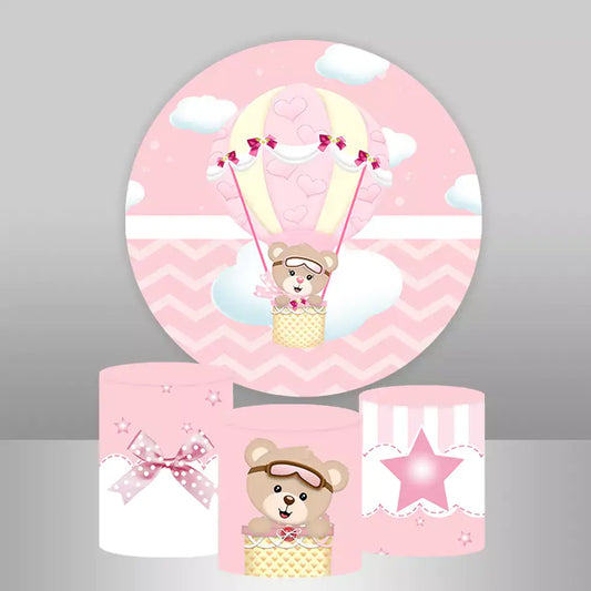 ound backdrop featuring a teddy bear in a hot air balloon with three matching cylinder covers decorated with bows, stars, and teddy bear designs.