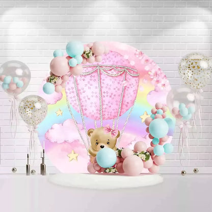 Pink hot air balloon backdrop with teddy bear and rainbow for baby shower decoration