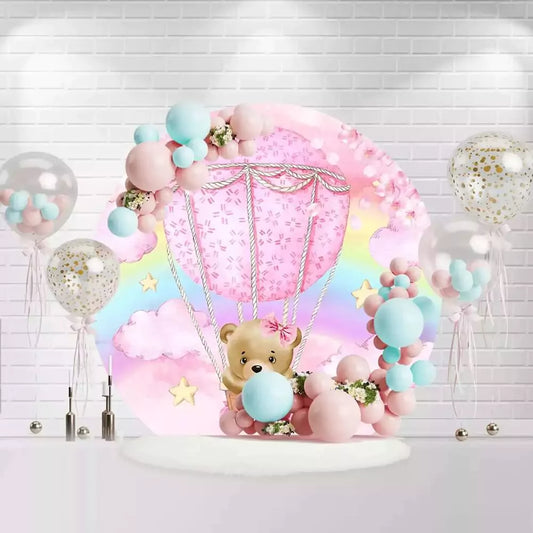 Pink hot air balloon backdrop with teddy bear and rainbow for baby shower decoration