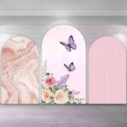 Pink Marble Flower Butterfly Stripes Groovy Birthday Party Arch Backdrop Covers