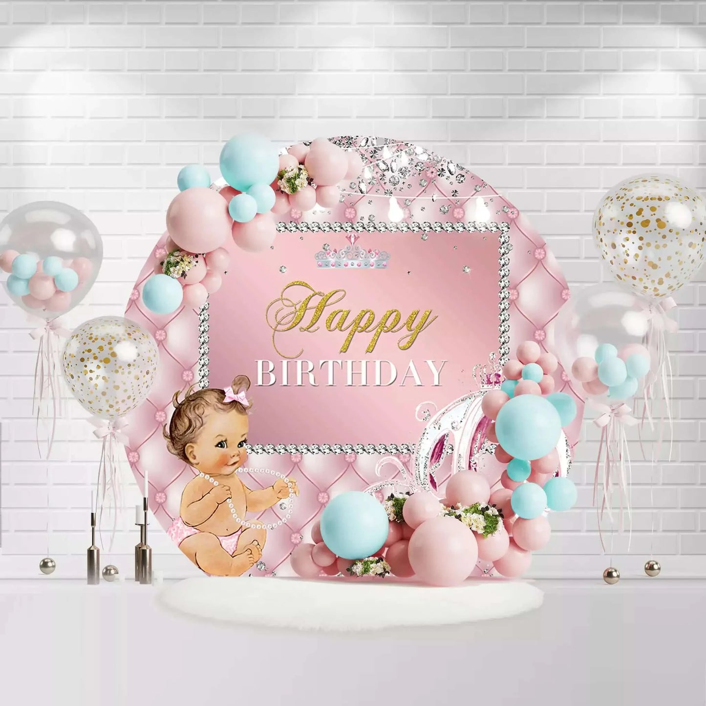 Pink Royal Princess Girls Birthday Party Round Backdrop Cover