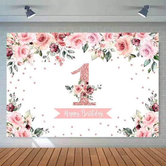 Pink Tone Flowers Girls 1st Birthday Party Backdrop