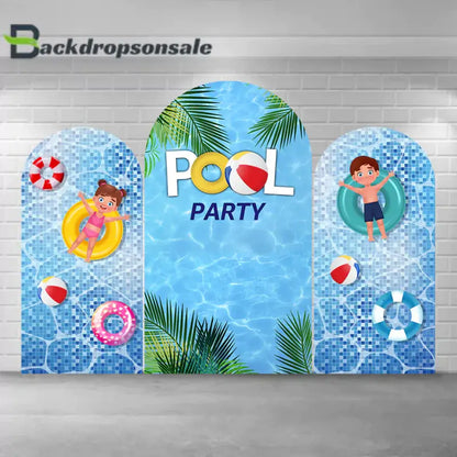 Pool party arch backdrop set with three panels featuring a swimming pool theme, palm leaves, and cartoon children playing with pool floats and beach balls.