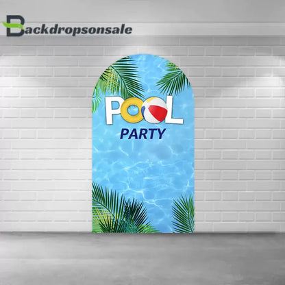 Center arch panel of the pool party backdrop set featuring the words "Pool Party," tropical palm leaves, and a blue water design.