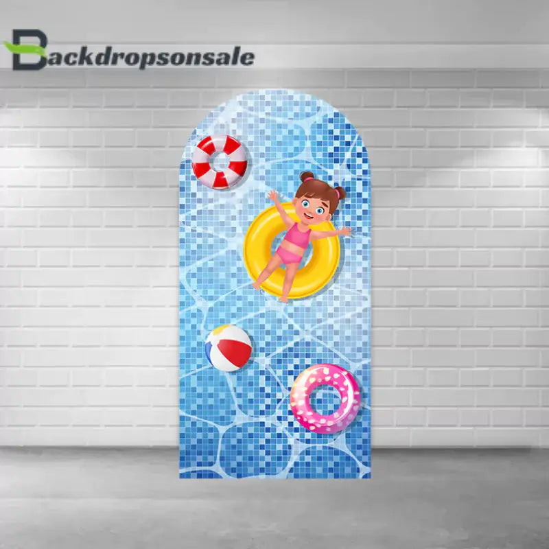 Left arch panel of the pool party backdrop set featuring a cartoon girl on a yellow float, surrounded by a tiled pool design, life rings, and beach balls.