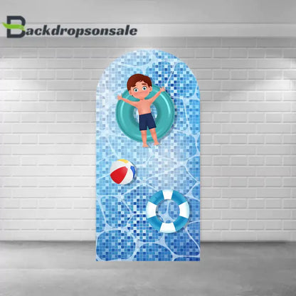 Right arch panel of the pool party backdrop set featuring a cartoon boy in a green float, with a tiled pool design, life rings, and a beach ball.