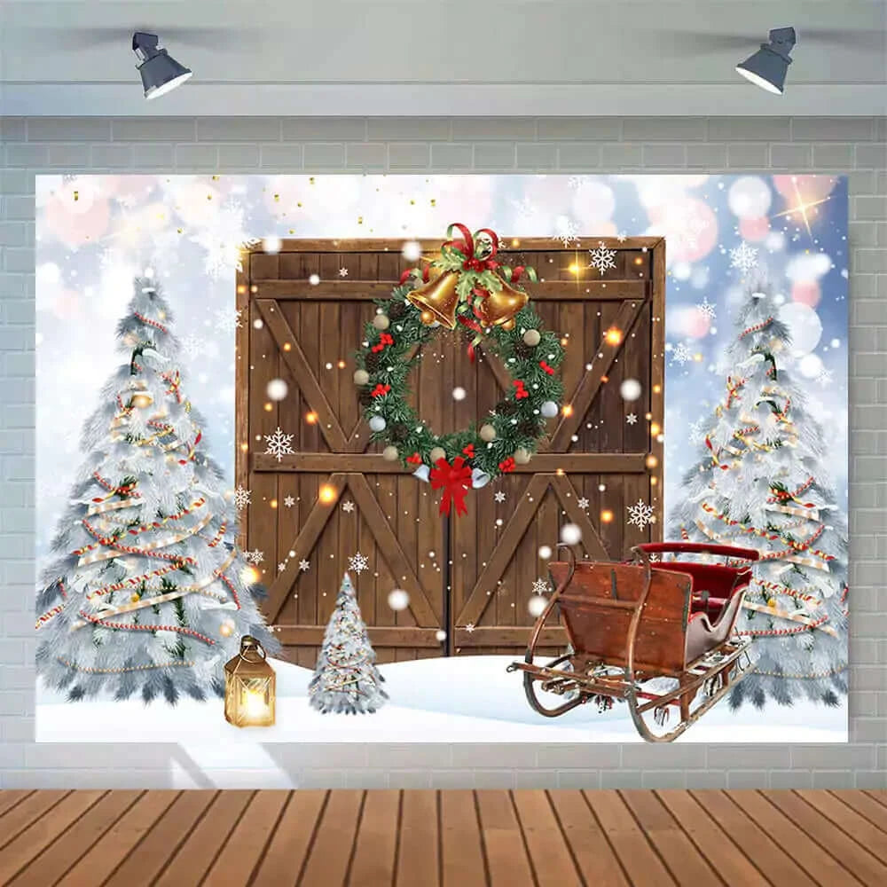 Wood Door Snow Christmas Tree Gift Photography Banner