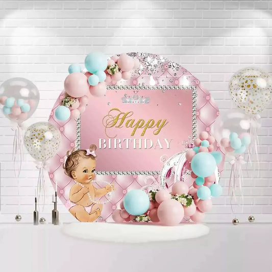 Round baby shower backdrop with princess carriage, diamonds, and "Happy Birthday" text