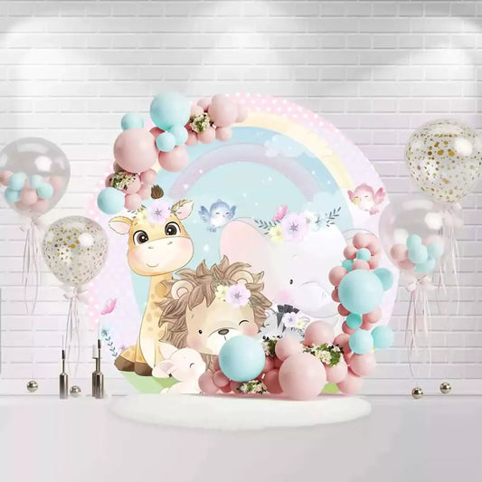 Animal friends with floral crowns under a rainbow backdrop for a birthday party celebration, featuring a giraffe, lion, elephant, zebra, and bunny