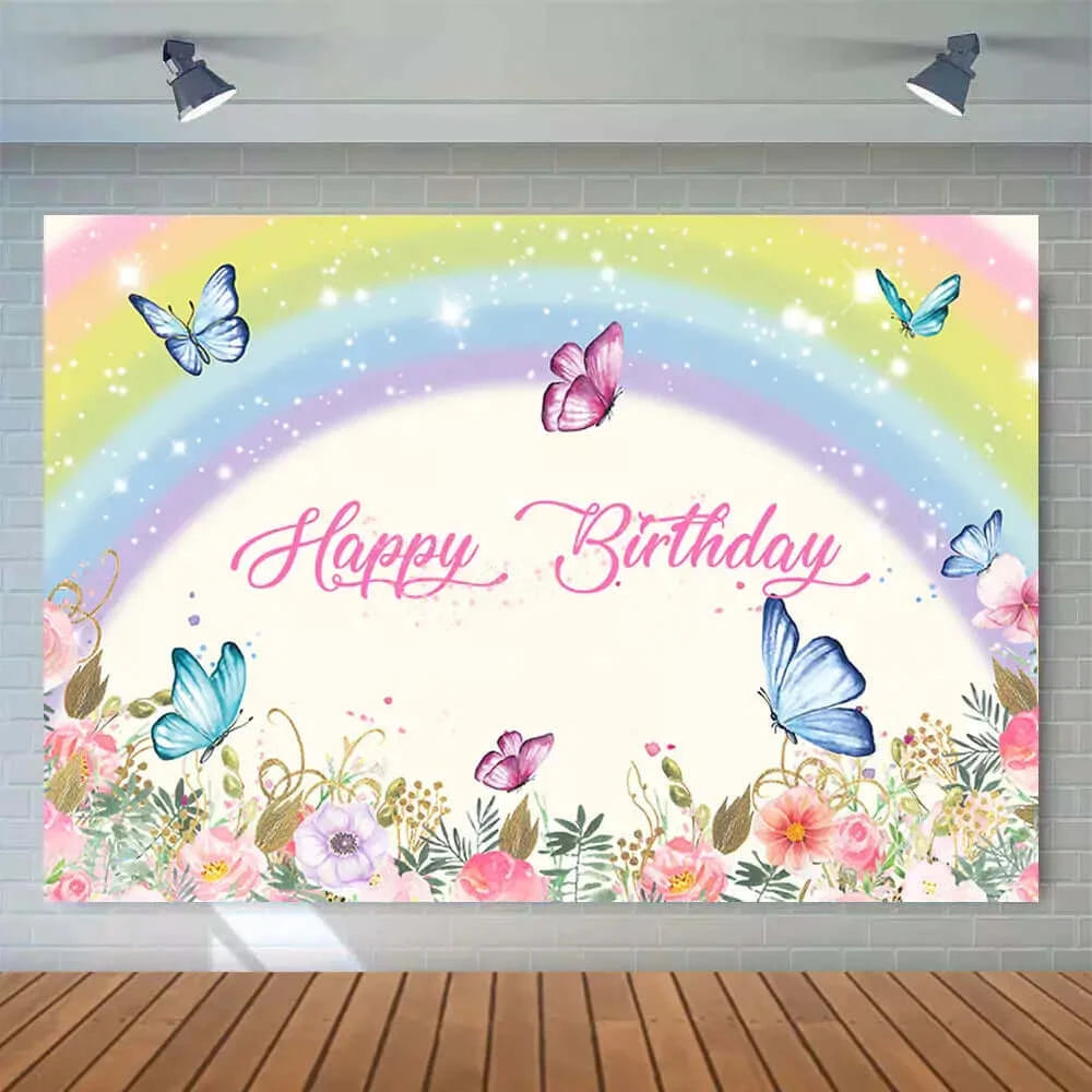 Rainbow Flowers Boken Butterfly Theme Girls Birthday Party Backdrop