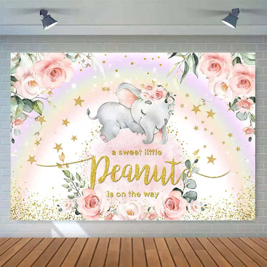 Rainbow Pink Flowers Elephant Girls Baby Shower Backdrop Cover