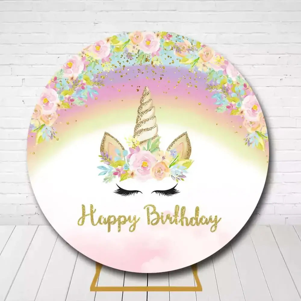 Floral unicorn rainbow birthday backdrop with a gold glittery "Happy Birthday" text, perfect for a girl’s party