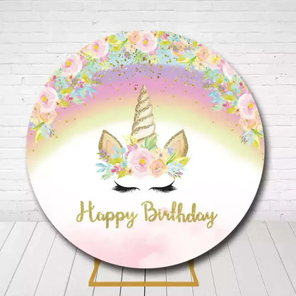 Floral unicorn rainbow birthday backdrop with a gold glittery "Happy Birthday" text, perfect for a girl’s party