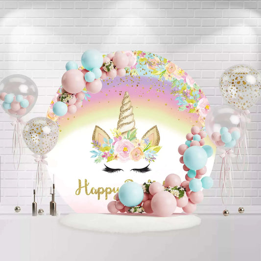 Rainbow Unicorn Theme Girls Birthday Party Round Backdrop Cover