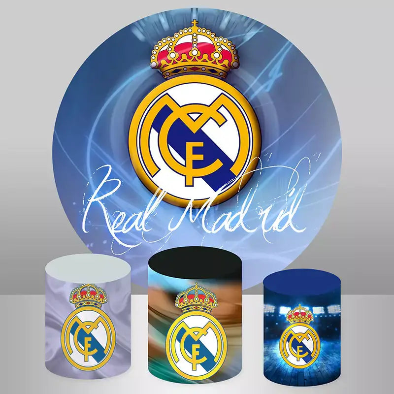 A Real Madrid-themed blue party decor set featuring a round backdrop with the club crest and three matching cylinder covers with football-related designs and the Real Madrid logo.