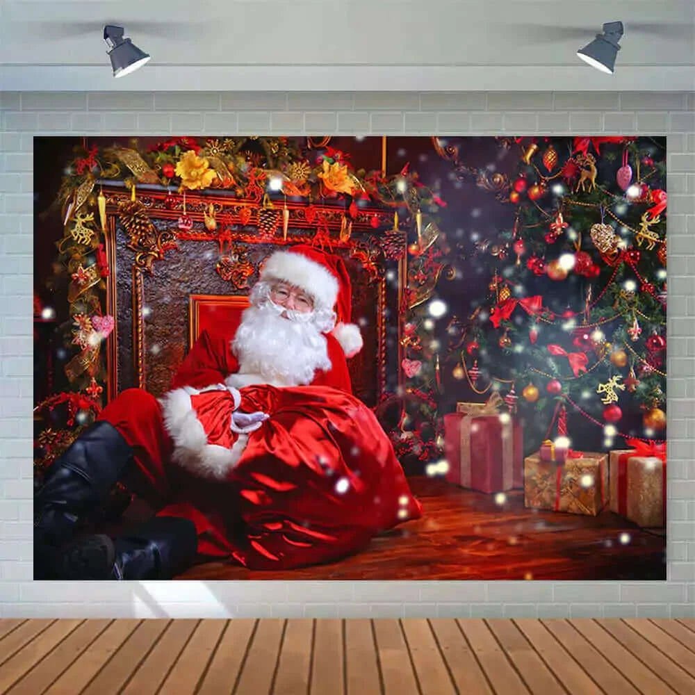 Red Santa Claus Christmas Tree Fireplace Bokeh Background
