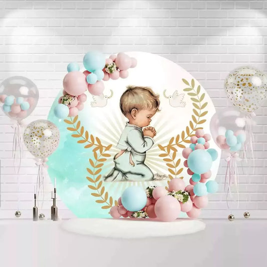 Elegant round backdrop with kneeling boy illustration for communion or christening