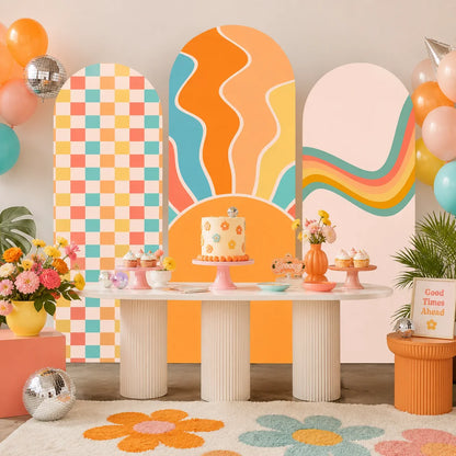 Retro rainbow party set with three arch backdrop covers featuring colorful checkerboard squares, a groovy orange sunburst design and pastel wavy rainbow stripes.