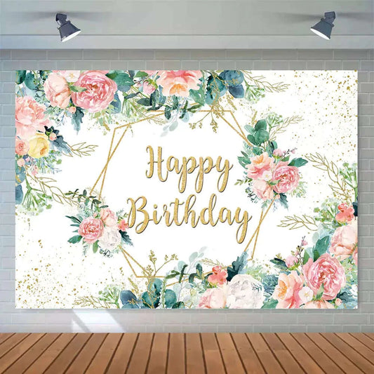 Romantic Flowers Gold Glitter Photography Happy Birthday Backdrop