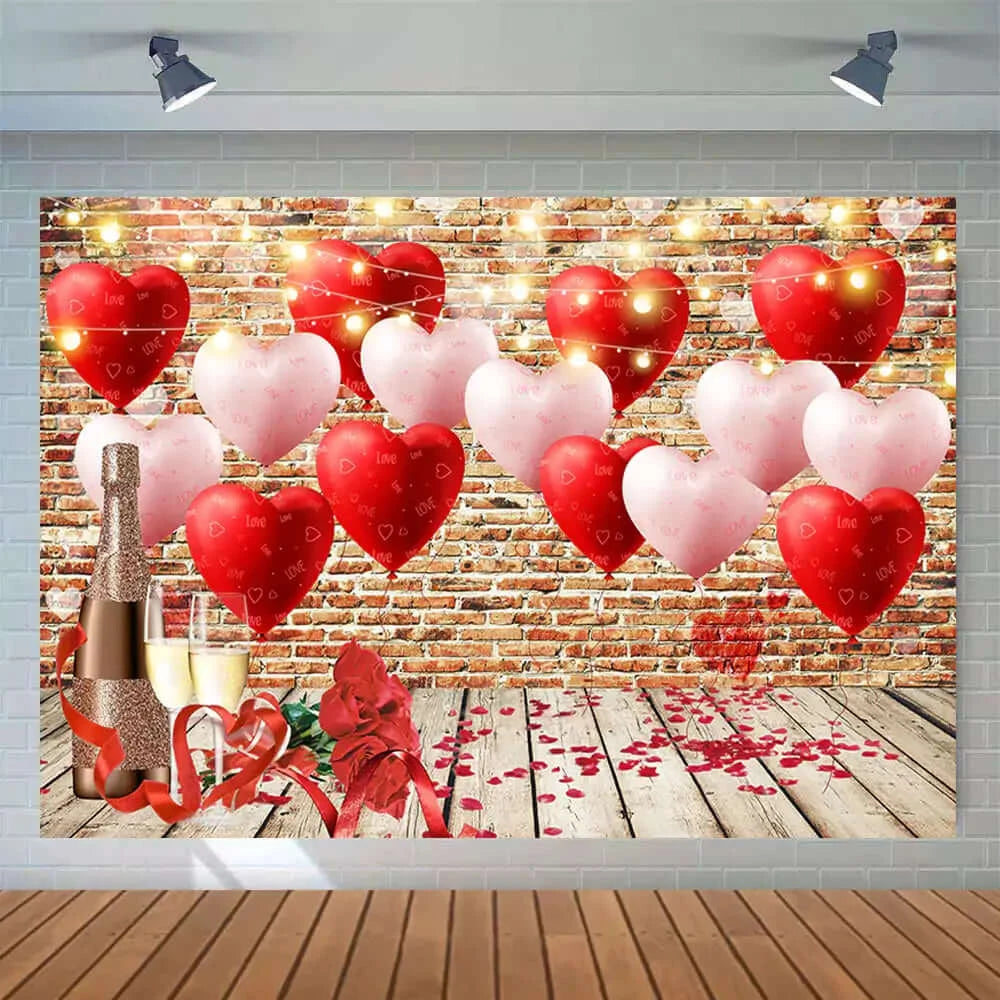 Pink Red Love Heart Balloons Brick Wall Wood Floor Roses Champagne Valentines Photo Backdrop