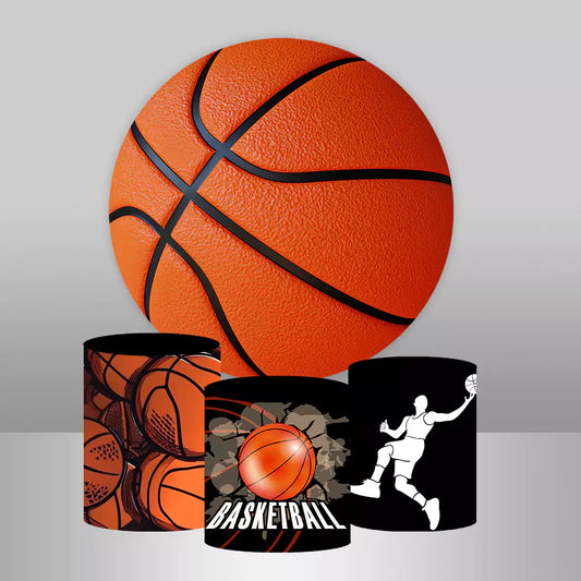 Basketball-themed round backdrop with three matching cylinder covers