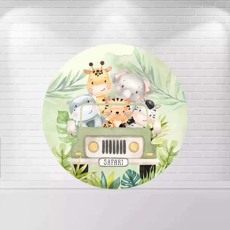 Safari-themed round backdrop with animals like giraffe, elephant, hippo, tiger, and zebra in a jeep