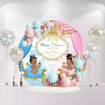 Round gender reveal backdrop with prince and princess theme, blue and pink curtains, and golden accents