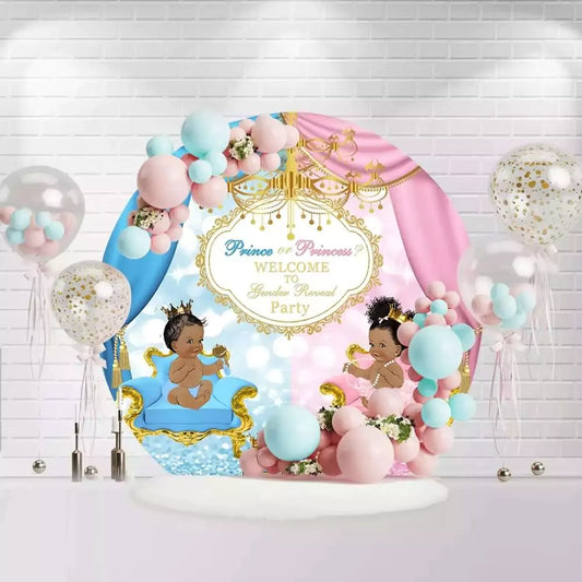 Round gender reveal backdrop with prince and princess theme, blue and pink curtains, and golden accents