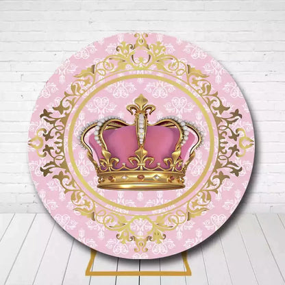 Elegant royal theme circle backdrop featuring golden crown on pink pattern