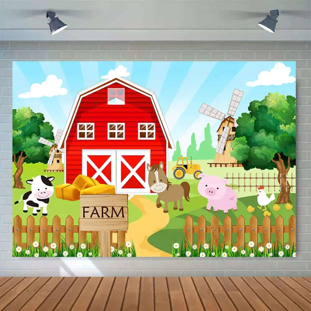 Warehouse Cartoon Animals Rural Farm Baby Shower Birthday Photography Backdrop