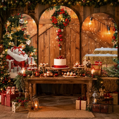 Rustic Christmas party set with three arch backdrop covers featuring a decorated Christmas tree, wooden barn doors with a festive wreath, hay bales, gifts and warm holiday lights.