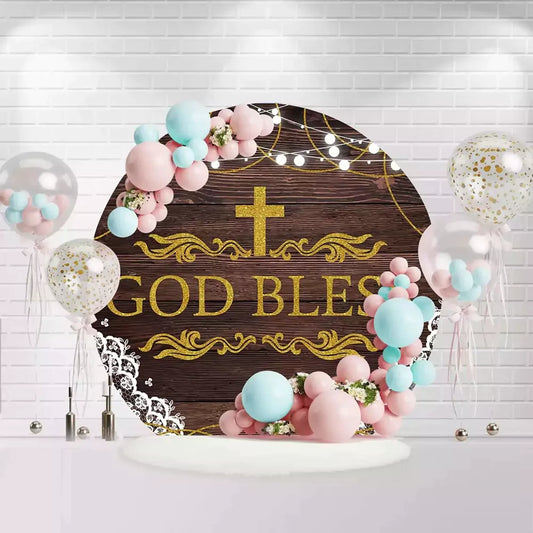 Round rustic God Bless backdrop with wooden background, golden cross, and lace details