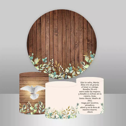 Wooden and floral-themed round backdrop with matching cylinder covers featuring a dove, floral designs, and prayer text