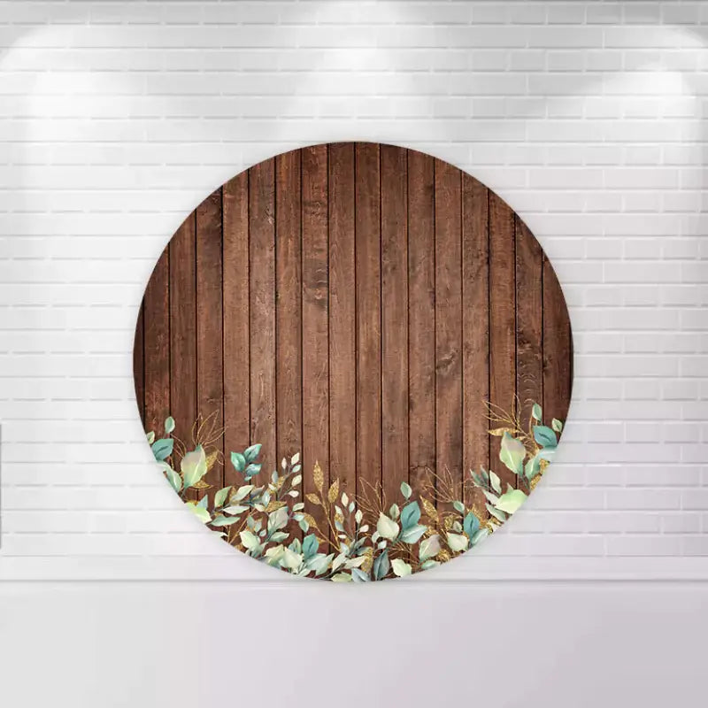 Round wooden plank backdrop with delicate floral accents at the bottom.