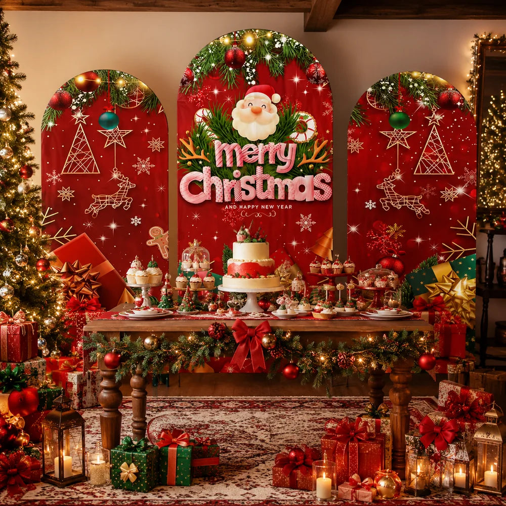 Festive Christmas party set with three arch backdrop covers featuring Santa Claus, Merry Christmas lettering, red and gold ornaments, reindeer, snowflakes, stars and wrapped gifts.