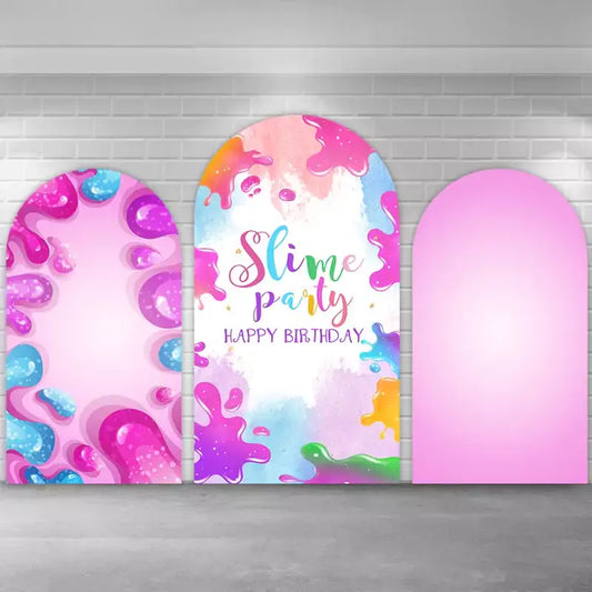 Playful slime birthday backdrop trio with rainbow drips, neon splashes, watercolor textures, and glossy slime shapes in bright pink, blue, purple, and green—perfect for kids’ slime parties.