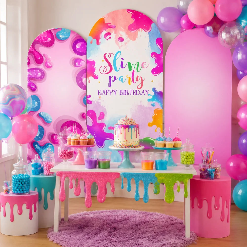 Colorful slime birthday party set with three arch backdrop covers featuring dripping slime patterns, bright pink, blue, purple, green and orange accents, and Happy Birthday lettering.