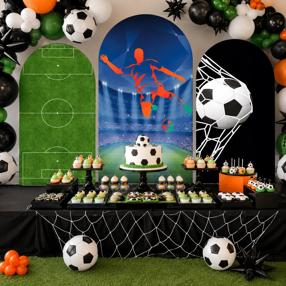 Soccer party set with three arch backdrop covers featuring a green football field, stadium player graphic and soccer ball hitting the goal net.