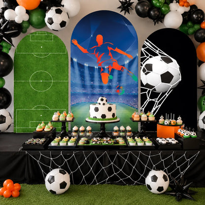 Soccer party set with three arch backdrop covers featuring a green football field, stadium player graphic and soccer ball hitting the goal net.