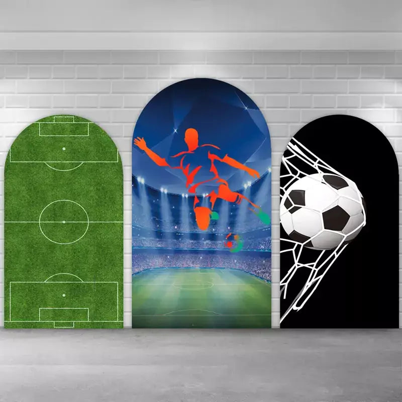 Sports party backdrop trio with a realistic grass field panel, a brightly lit stadium action scene, and a bold black panel showing a soccer ball striking the goal net.