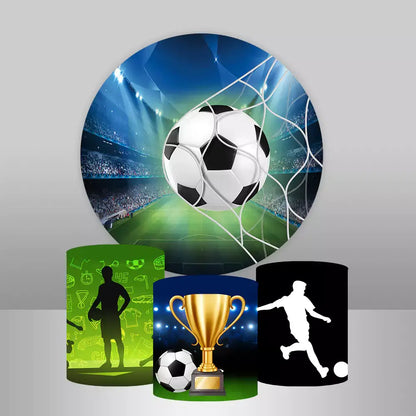 Soccer-themed round backdrop with soccer ball and net design, accompanied by three cylinder covers with soccer-related graphics.