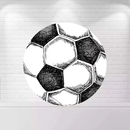 A round soccer-themed backdrop with a detailed black-and-white soccer ball illustration.